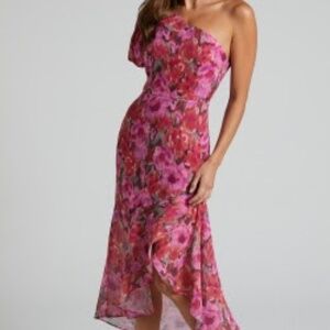 Showpo. ONE SHOULDER RUFFLE TULIP HEM DRESS IN VIOLETTE BLUR FLORAL